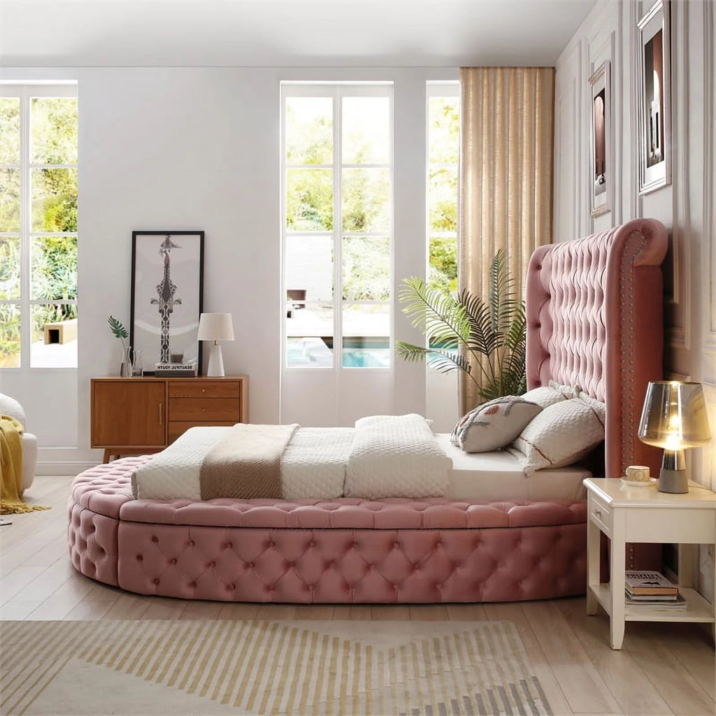 Pink Velvet Upholstered Queen Bed J6964