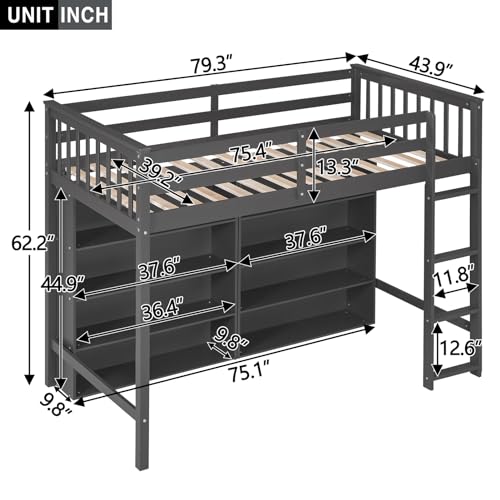 White Full Size Wood Loft Bed with Cabinet and Bookshelf L1251