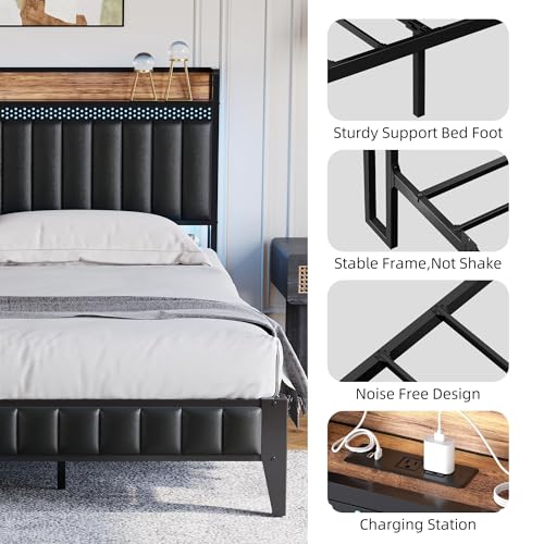 Black Queen Upholstered Platform Bed Frame with Storage Headboard T3462