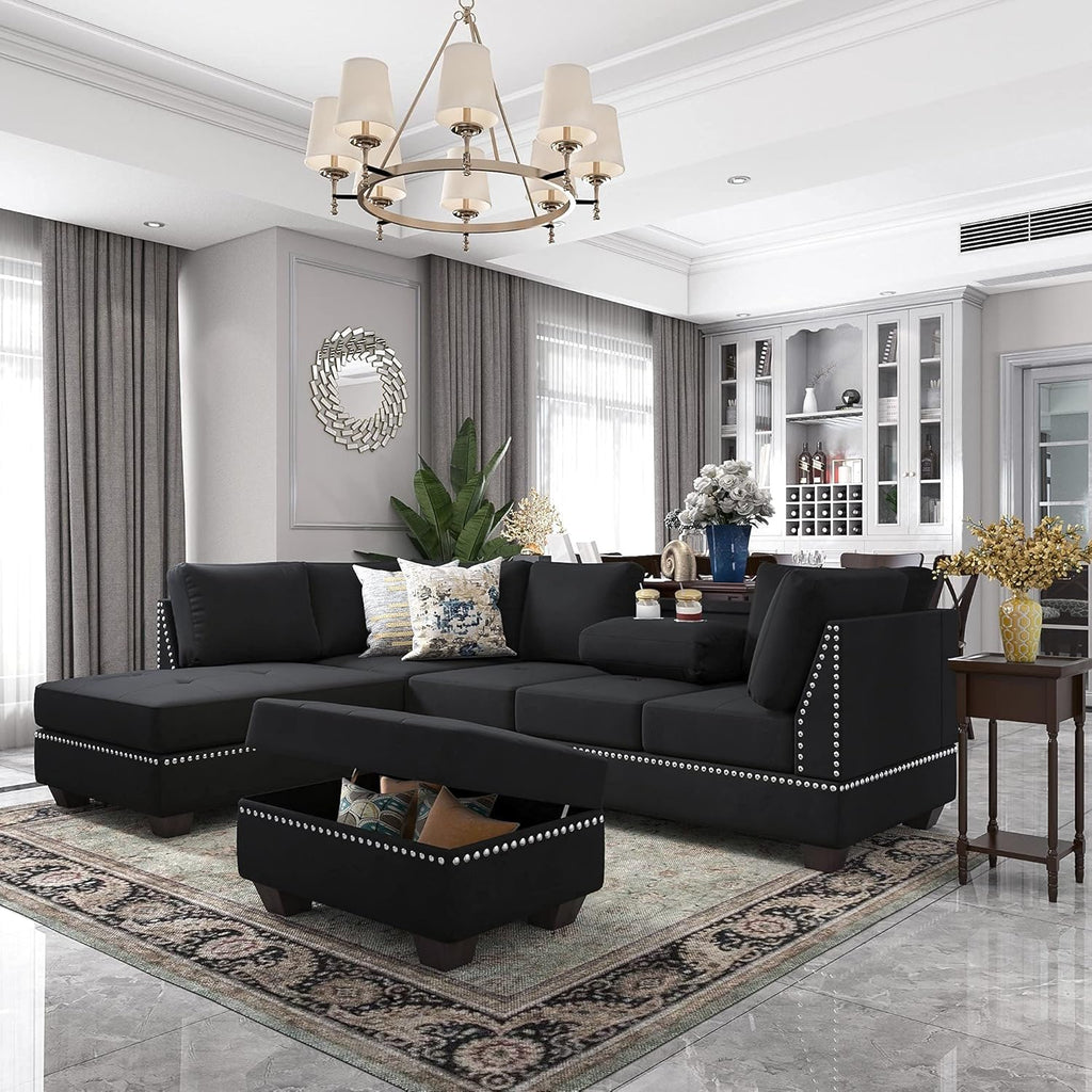 Reversible Sectional Sofa with Storage and Chaise Lounge Couch, Wooden Frame L-Shaped Corner Sofa Set with Ottoman, Black Z21357
