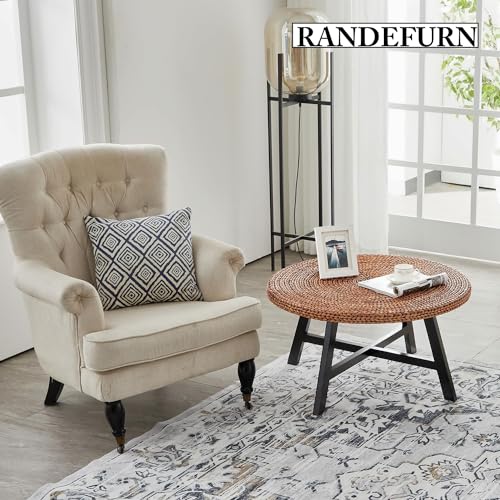 Natural Seagrass Round Coffee Table with Solid Wood Base, 32 x 17 Inches D150314