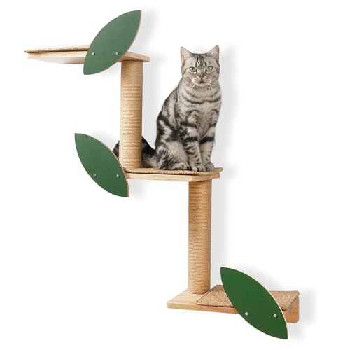 Cat Wall Shelves with Leaves, 2 Platform, Rubber Wood Wall Perch with Mat, Bridge J229356