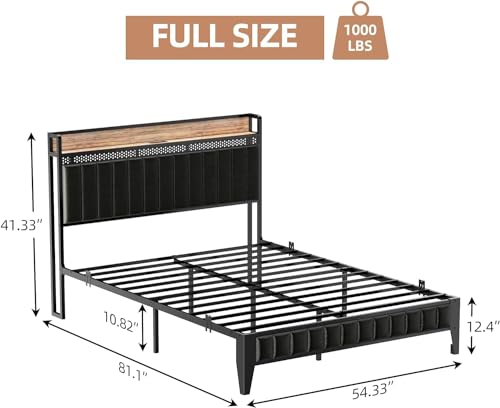 Black Queen Upholstered Platform Bed Frame with Storage Headboard T3462
