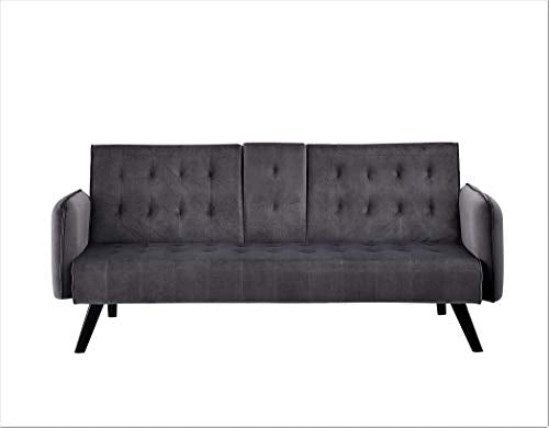 Blue Velvet Upholstered Futon Sofa Bed with Center Console and Cupholders S651281