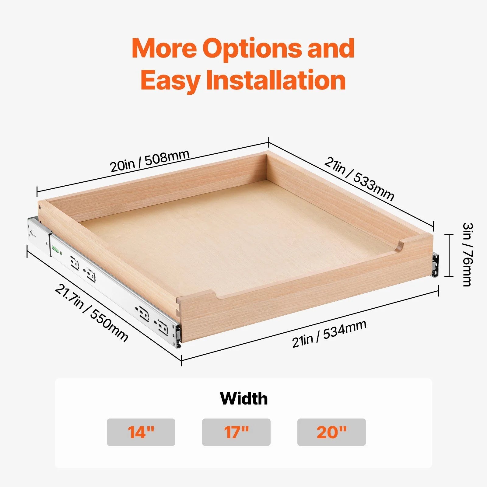 20-inch Wide Wood Drawer, 21-inch Deep, Soft Close Slide Out Shelf W8904