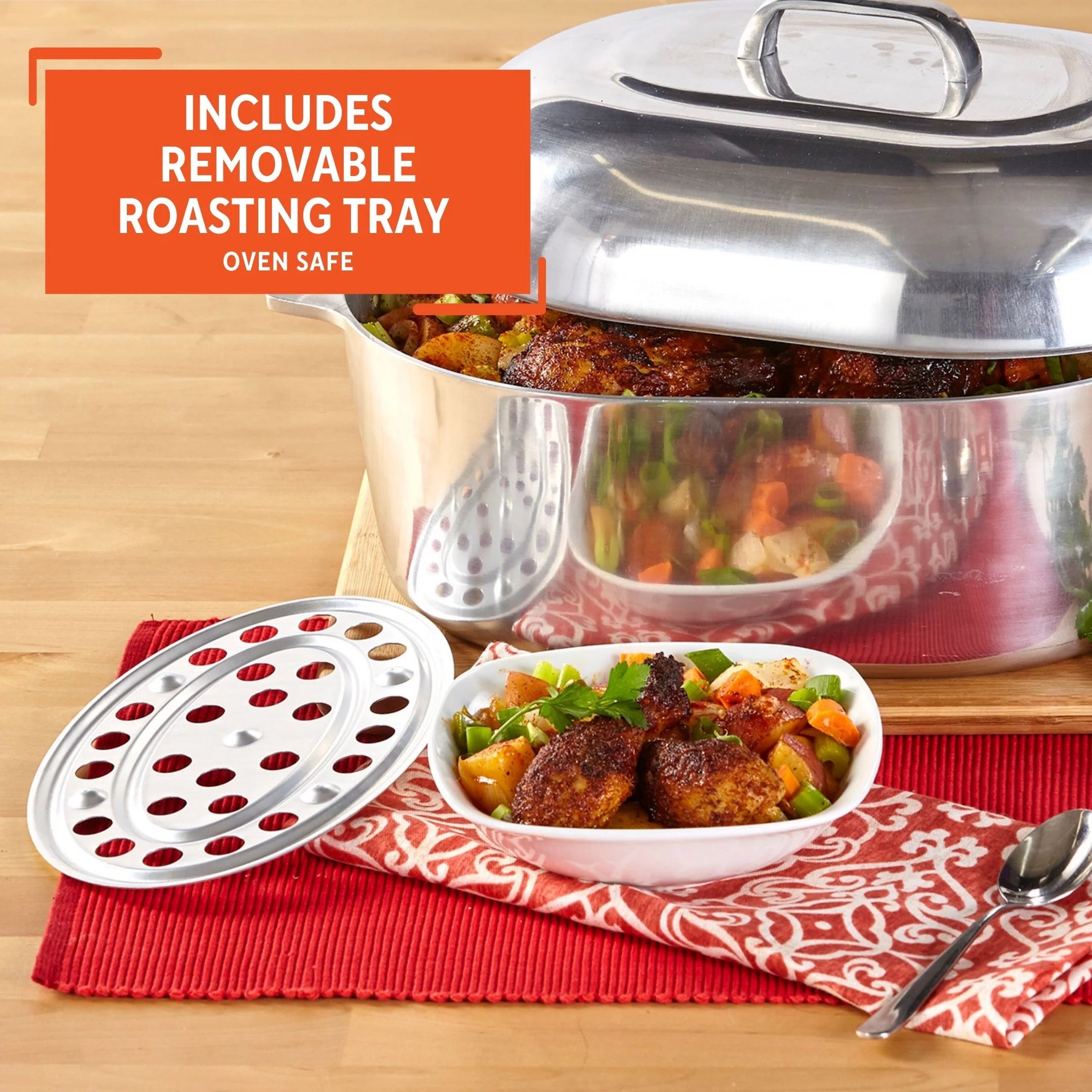 15 inch Cast Aluminum Roaster Pan with Lid and Roasting Tray U7991