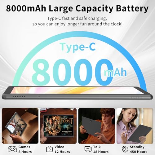 Android 14 Tablet 10 inch with Keyboard, 26GB RAM+256GB ROM, 8000mAh, Black O26598