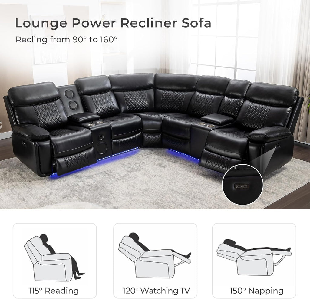 Black Faux Leather Power Reclining L-Shape Sectional Sofa Q599