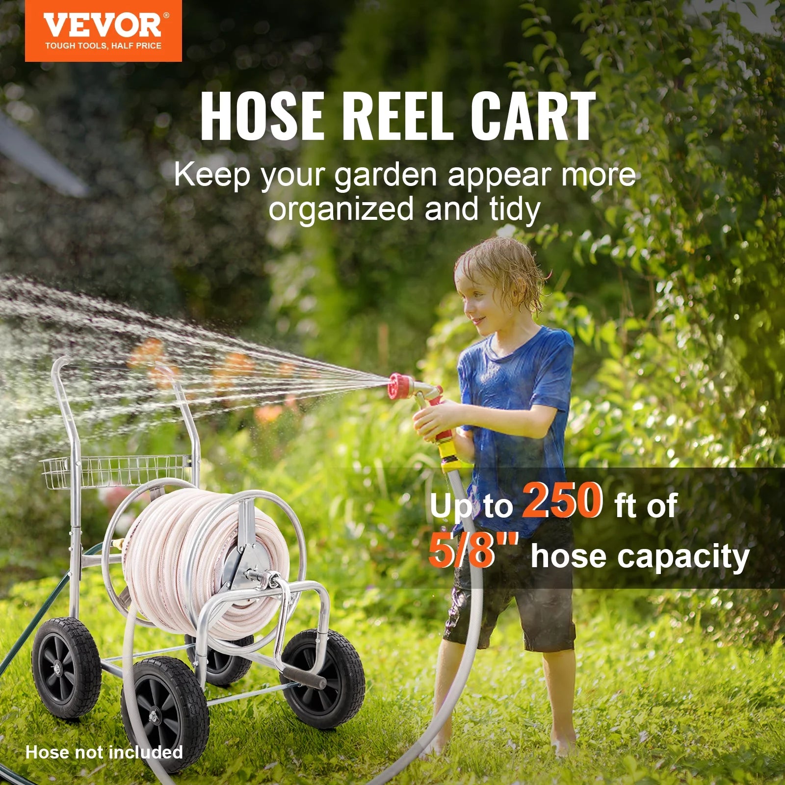 Metal Hose Reel Cart with Wheels, Holds 250 Feet of 5/8" Hose S4526