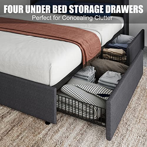 Queen LED Bed Frame with Wingback Headboard, Upholstered Platform Bed with 4 Storage Drawers & Charging Station, Dark Grey E190313