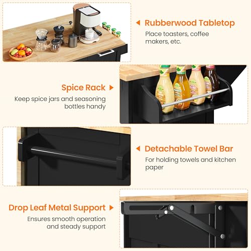 Black Kitchen Island Cart with Drop-Leaf Countertop, Rolling Storage Cabinet & 3 Drawers C2225