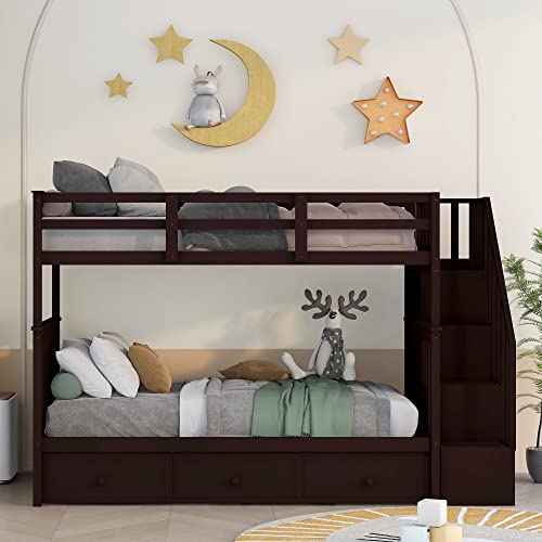 White Twin Over Full Wood Bunk Bed with Stairs and Storage Drawers Q9073
