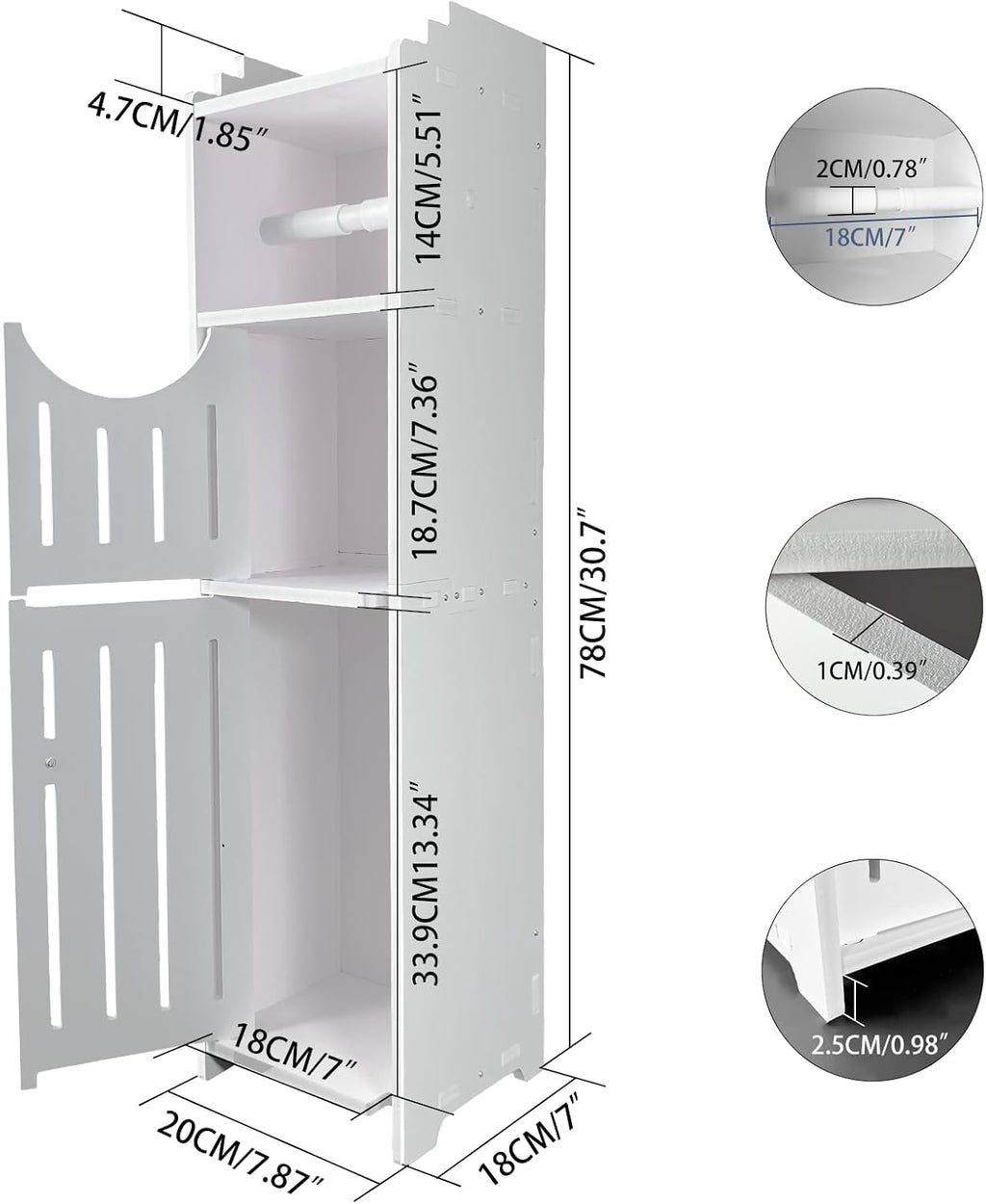 White Narrow Bathroom Storage Cabinet with Toilet Paper Holder I89783