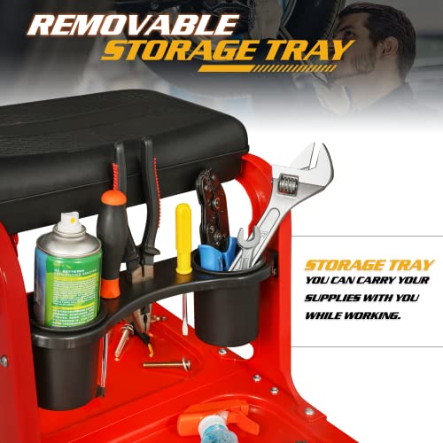Black Garage Mechanic Creeper Seat with Tool Tray and Can Holder, Rolling Stool W196
