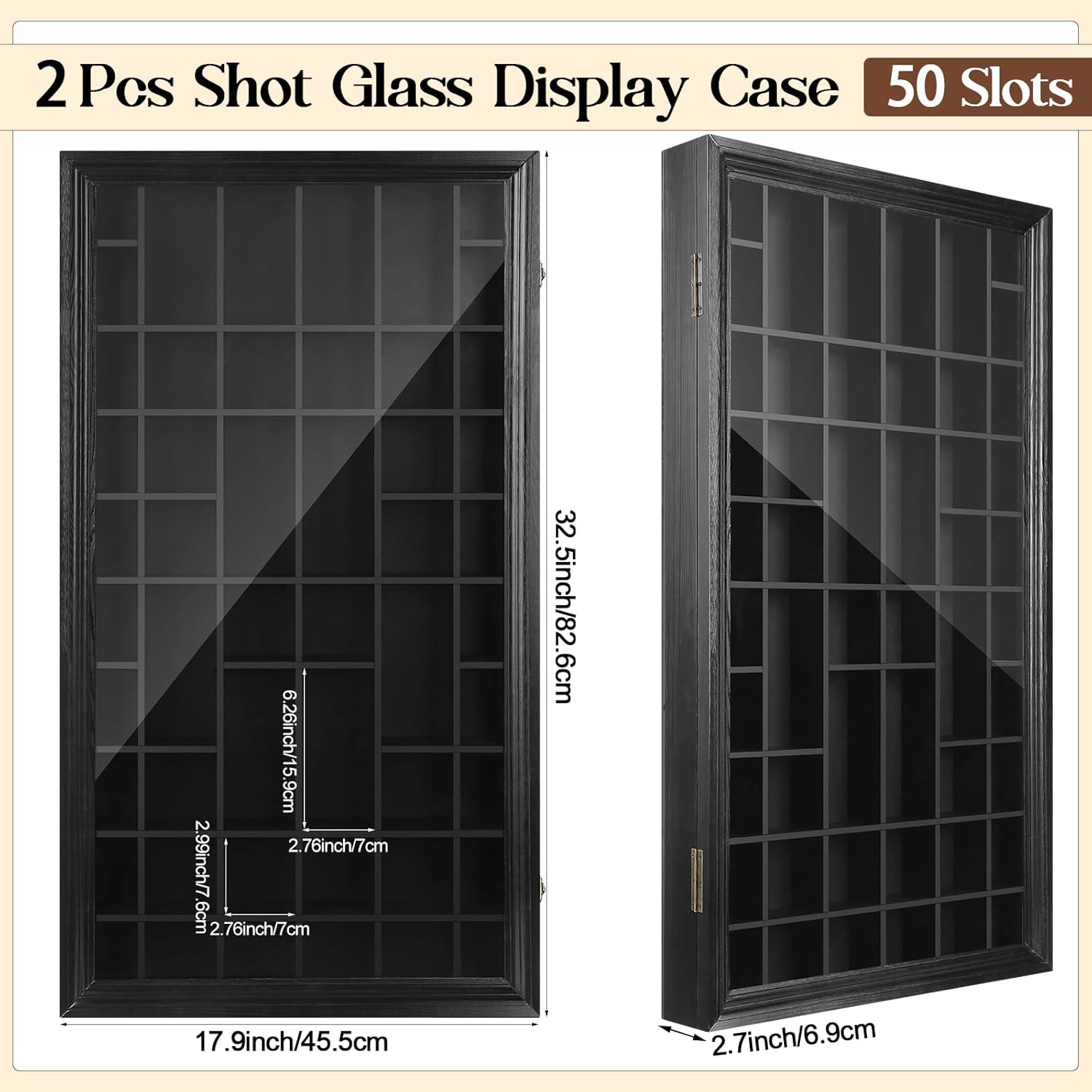 2 Pcs 50 Slots Wood Shot Glass Display Case with Lockable Acrylic Door P9036