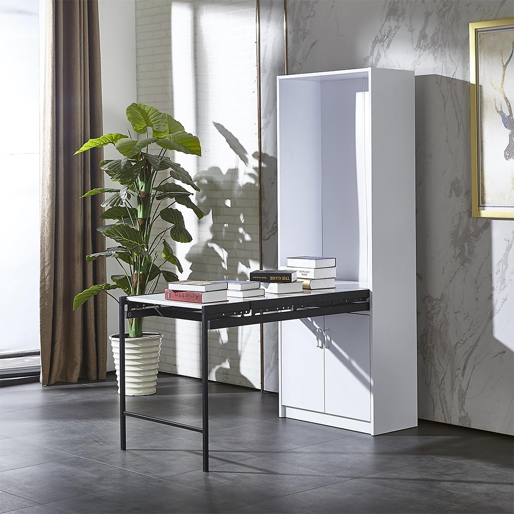 Large Fold-Out Convertible Writing Table with 4-Tier Storage Shelf, 27" W x 14.6" D x 74.6" H E8121