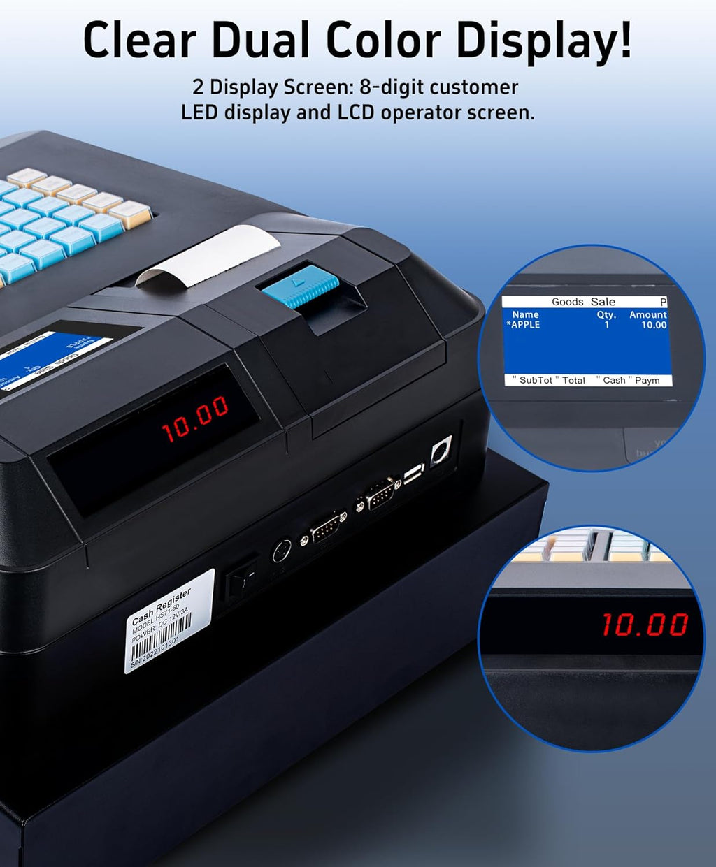 Cash Register with Cash Drawer and Built-In Receipt Printer, Dual Display J3368