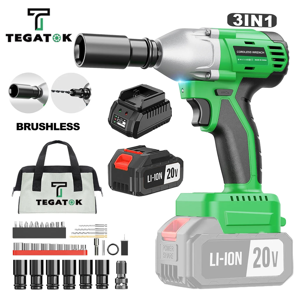 Cordless Impact Wrench 1/2 430N.m 2400 RPM Brushless with 4000 mAH Battery Fast Charger 6 Sockets Tool Bag F383846