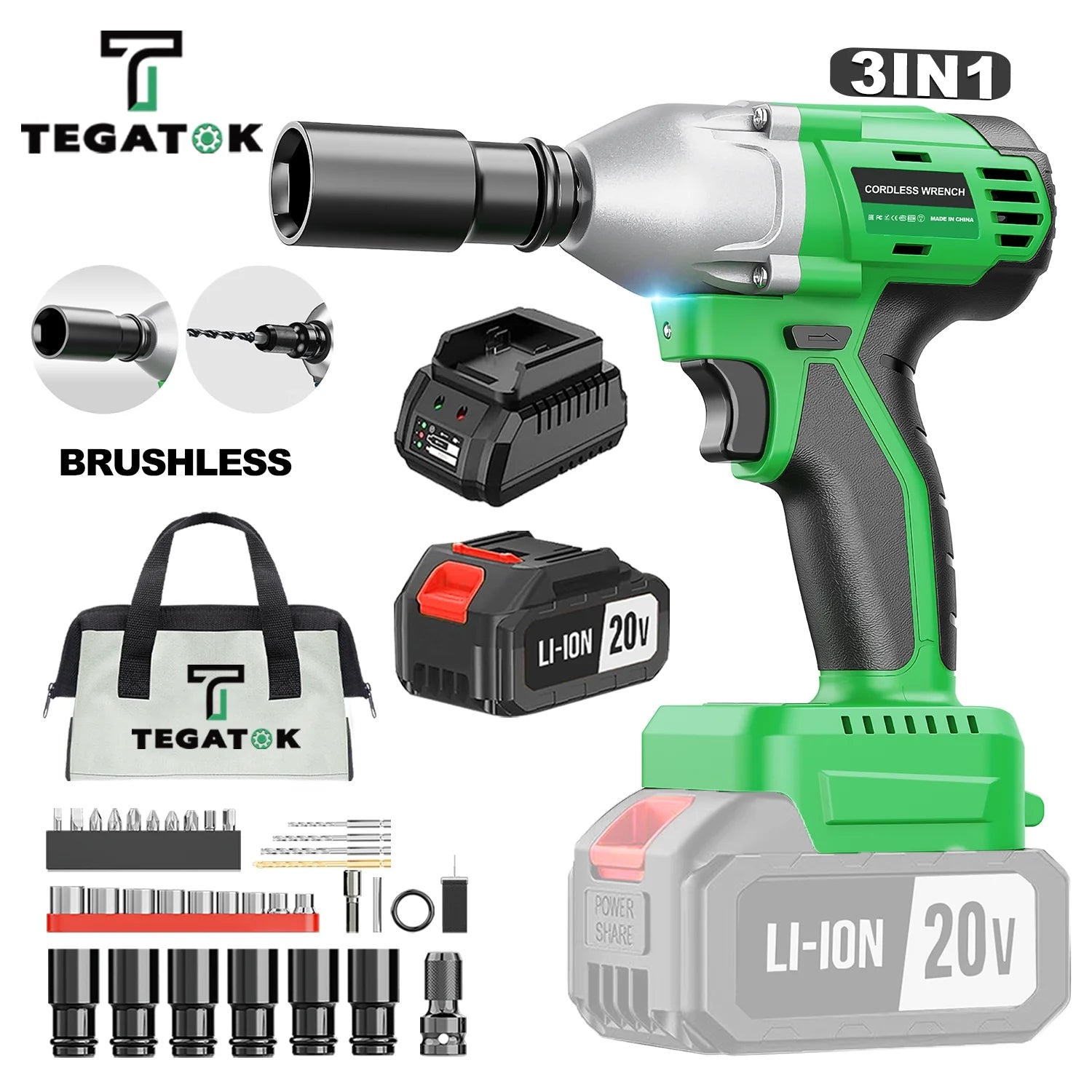 Cordless Impact Wrench 1/2 430N.m 2400 RPM Brushless with 4000 mAH Battery Fast Charger 6 Sockets Tool Bag F383846