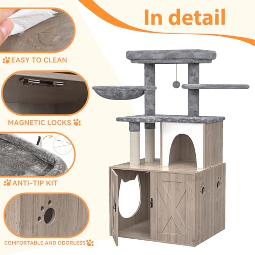 Grey Litter Box Enclosure with Cat Tree and Sisal Scratching Post W588290