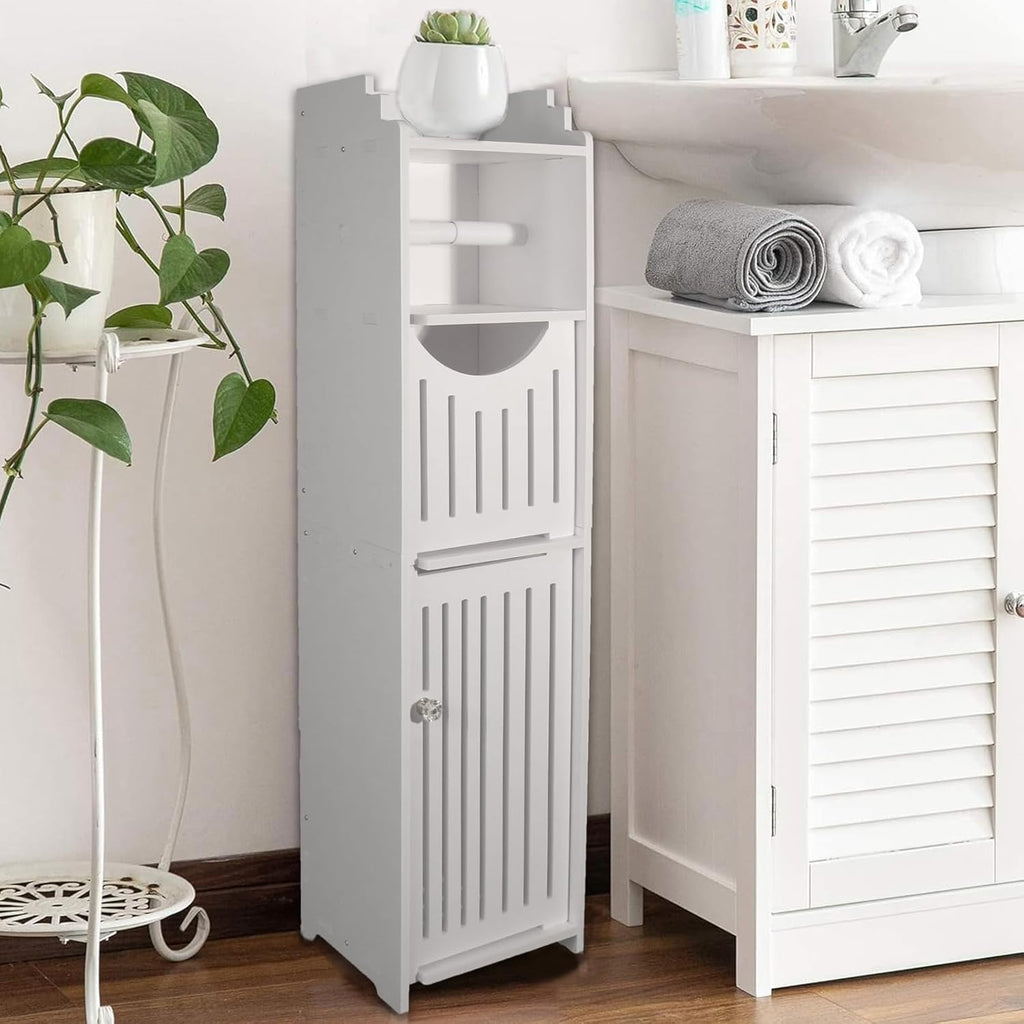 White Narrow Bathroom Storage Cabinet with Toilet Paper Holder I89783