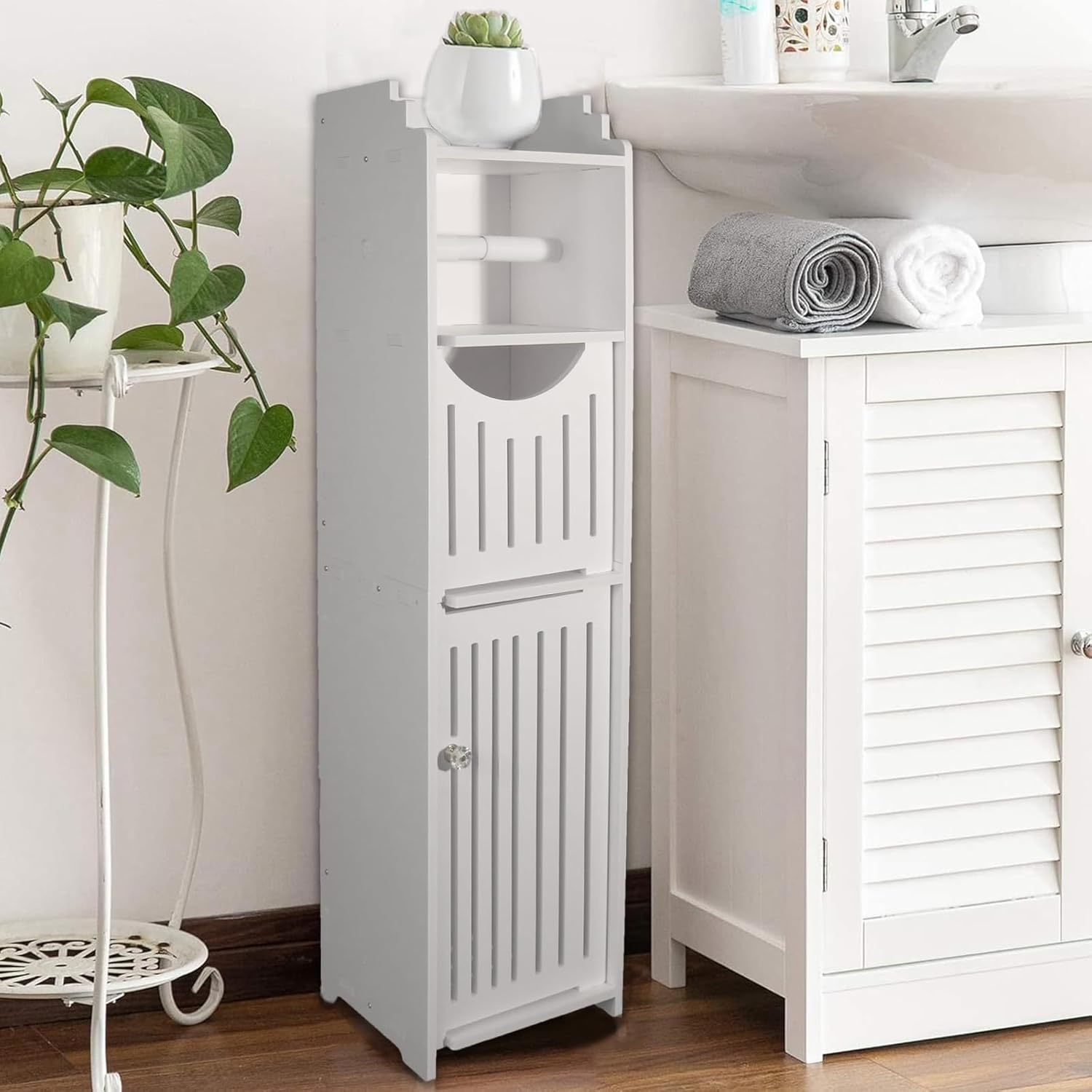 White Narrow Bathroom Storage Cabinet with Toilet Paper Holder I89783