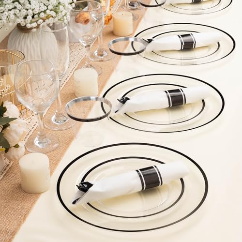 350PCS Clear and Black Disposable Plates Set with Plastic Cups and Pre-Rolled Napkins B212546