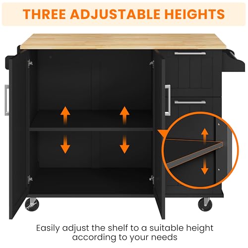 Black Kitchen Island Cart with Drop-Leaf Countertop, Rolling Storage Cabinet & 3 Drawers C2225