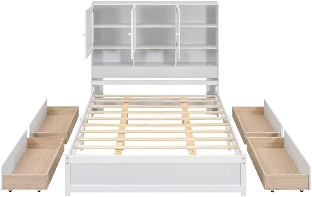 Queen Size Platform Bed with 4 Storage Drawers & Bookcase Headboard, White N13470