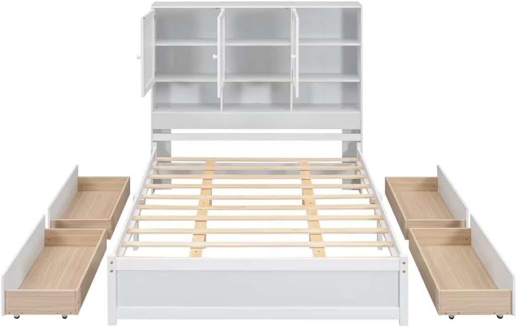 Queen Size Platform Bed with 4 Storage Drawers & Bookcase Headboard, White N13470