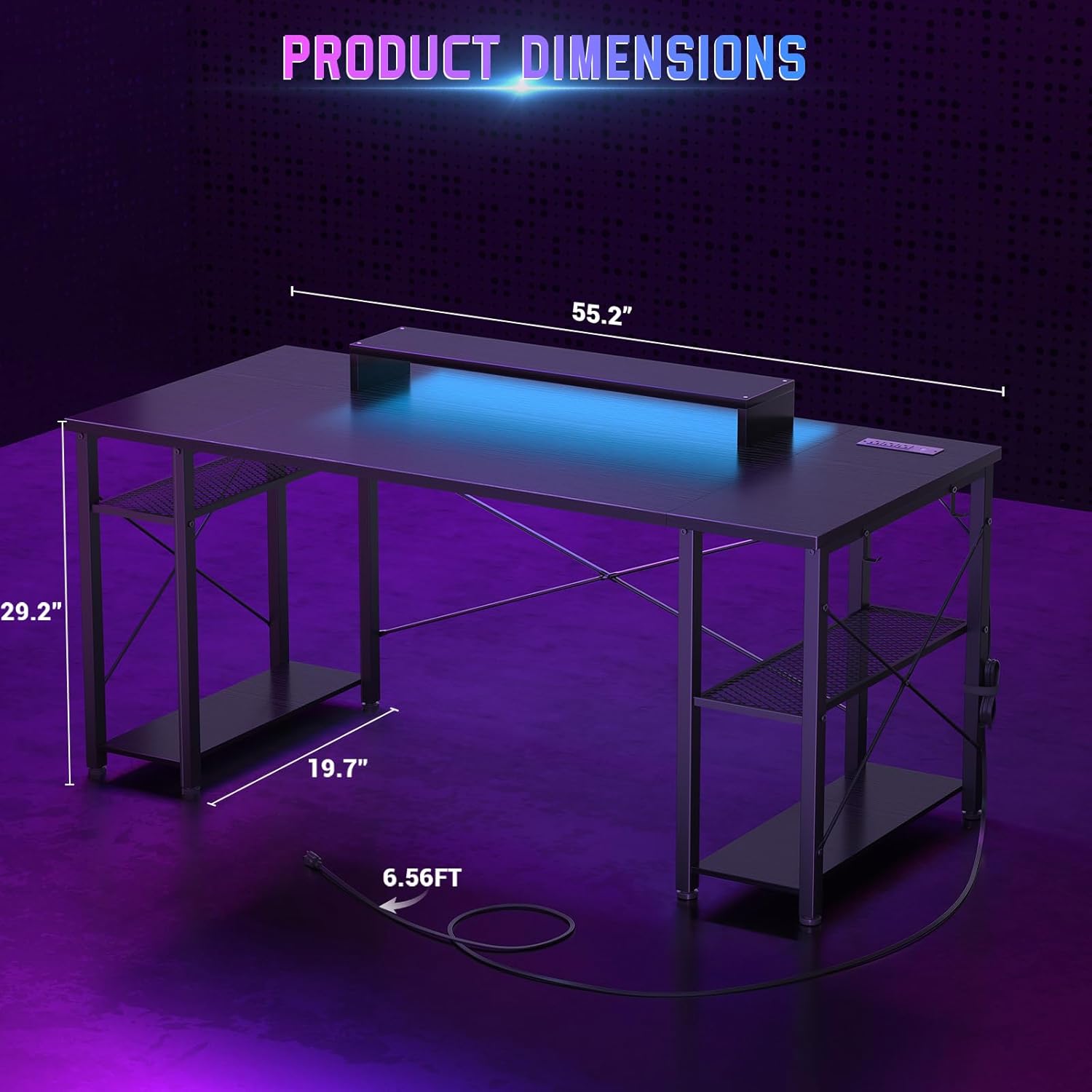 Black 55 Inch Gaming Desk with LED Lights and Power Outlet K7683