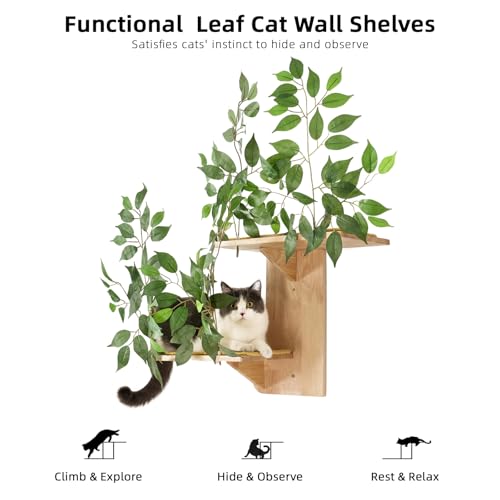 Cat Wall Shelves with Leaves, 2 Platform, Rubber Wood Wall Perch with Mat, Bridge J229356