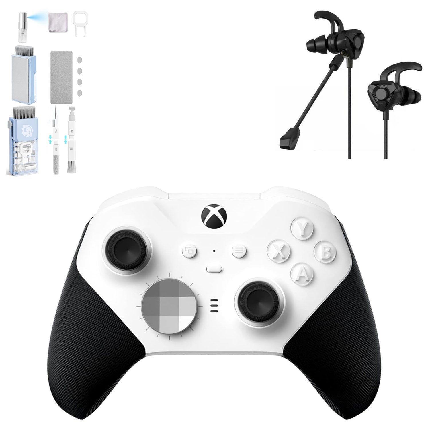 White Wireless Gaming Controller with Black Gaming Buds + Cleaning Kit C21018