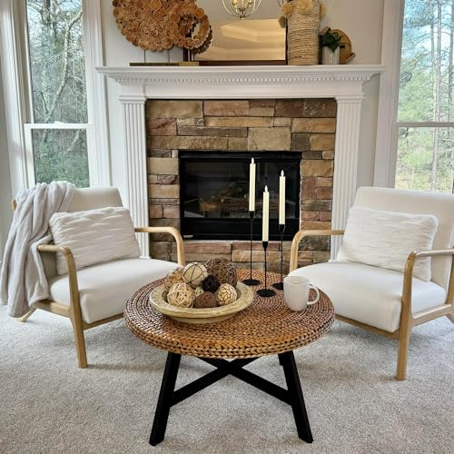 Natural Seagrass Round Coffee Table with Solid Wood Base, 32 x 17 Inches D150314