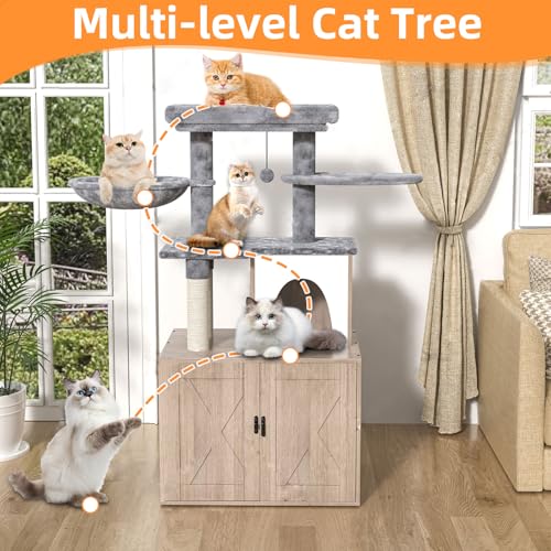 Grey Litter Box Enclosure with Cat Tree and Sisal Scratching Post W588290