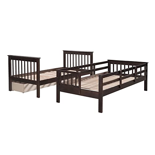 White Twin Over Full Wood Bunk Bed with Stairs and Storage Drawers Q9073