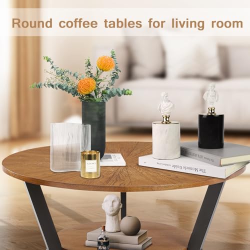 Round Wood Coffee Table with Storage Rack, 35 x 35 x 17 in M3140
