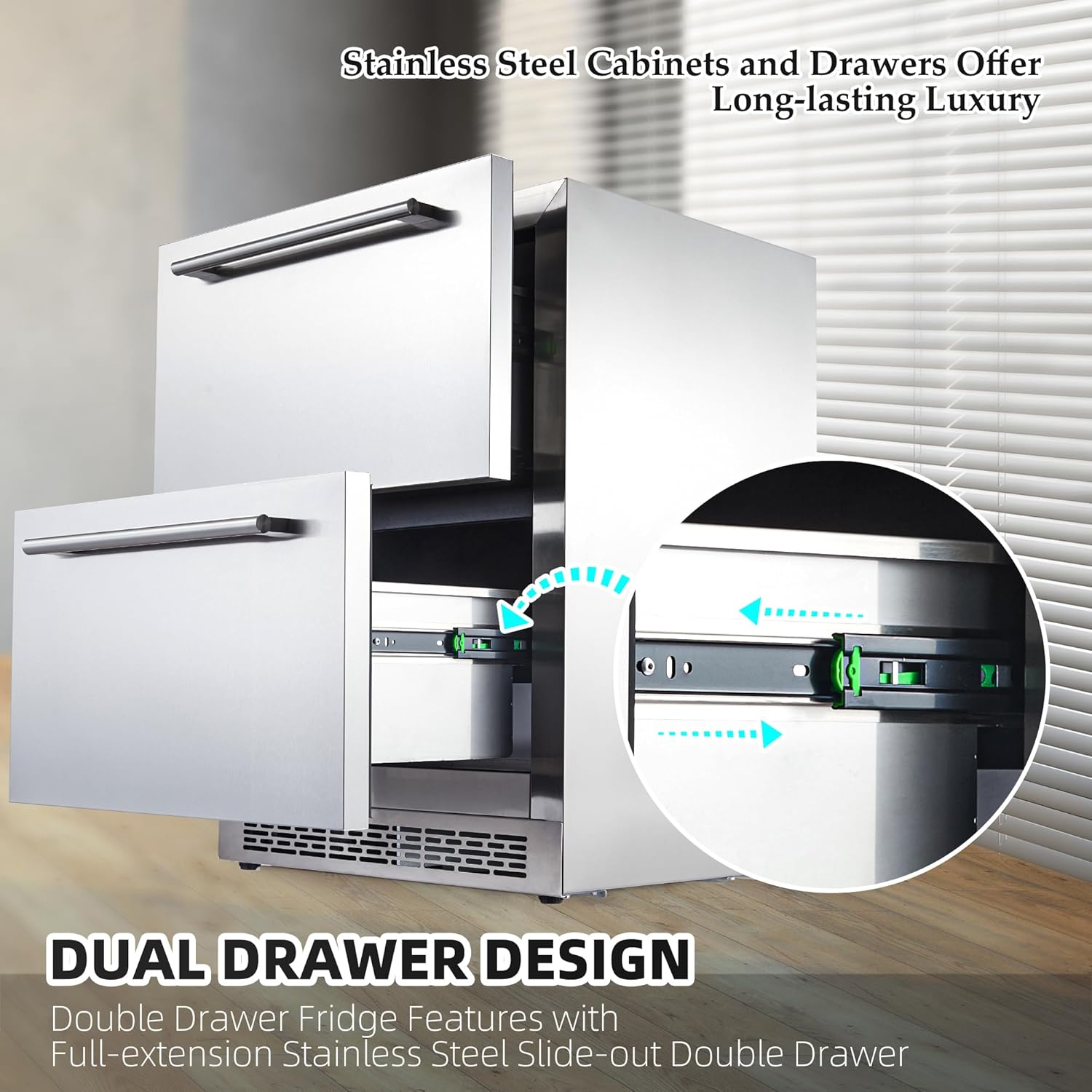 24 Inch Under Counter Drawer Fridge with Weatherproof Full Stainless Steel Body K2849