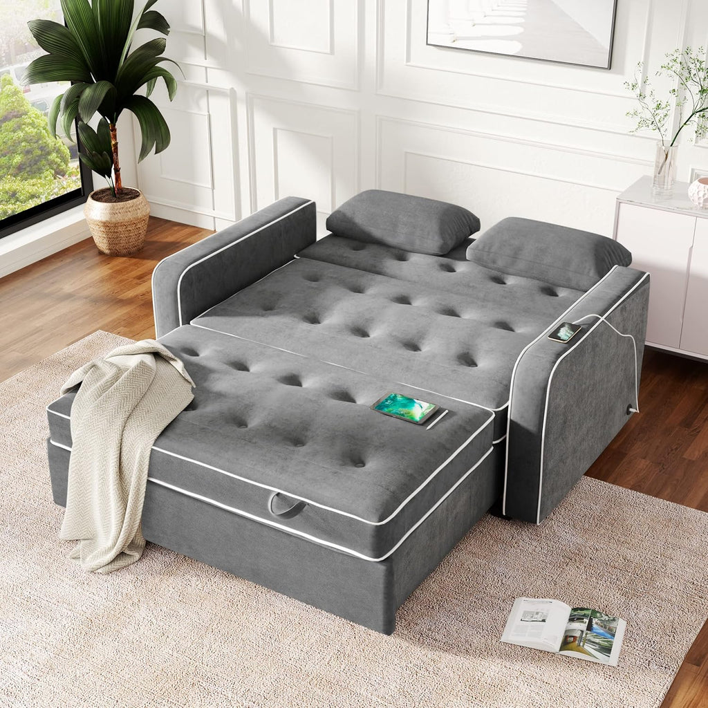 Linen Upholstered Convertible Sofa Bed with USB Charging Port J4263