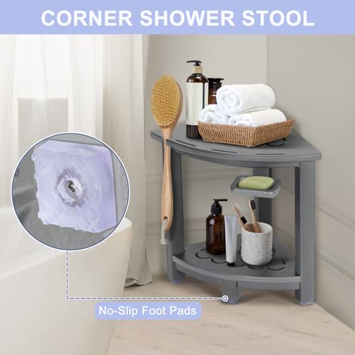 Black HDPE Corner Shower Stool with Storage Shelf and Adjustable Feet O936113