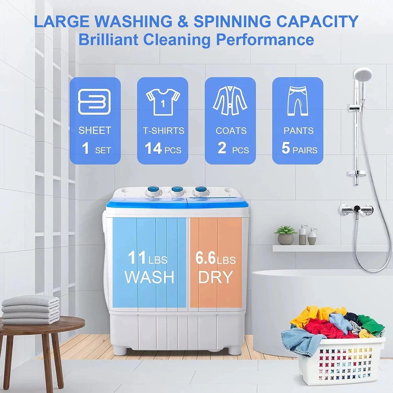 Mini Washing Machine, 11lbs Washer & 6.6lbs Spin Dryer Combo, Compact Washer Machine with Drain Pump E9561