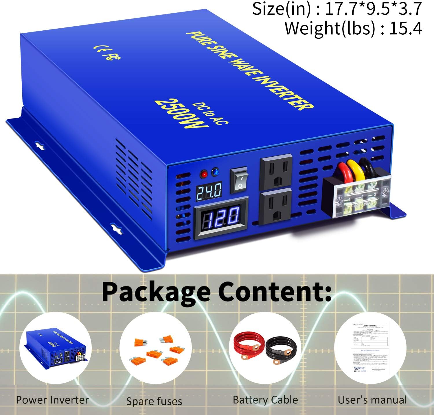 2500W Pure Sine Wave Inverter 24v to 110V 120V AC with Wireless Remote Switch Y709894