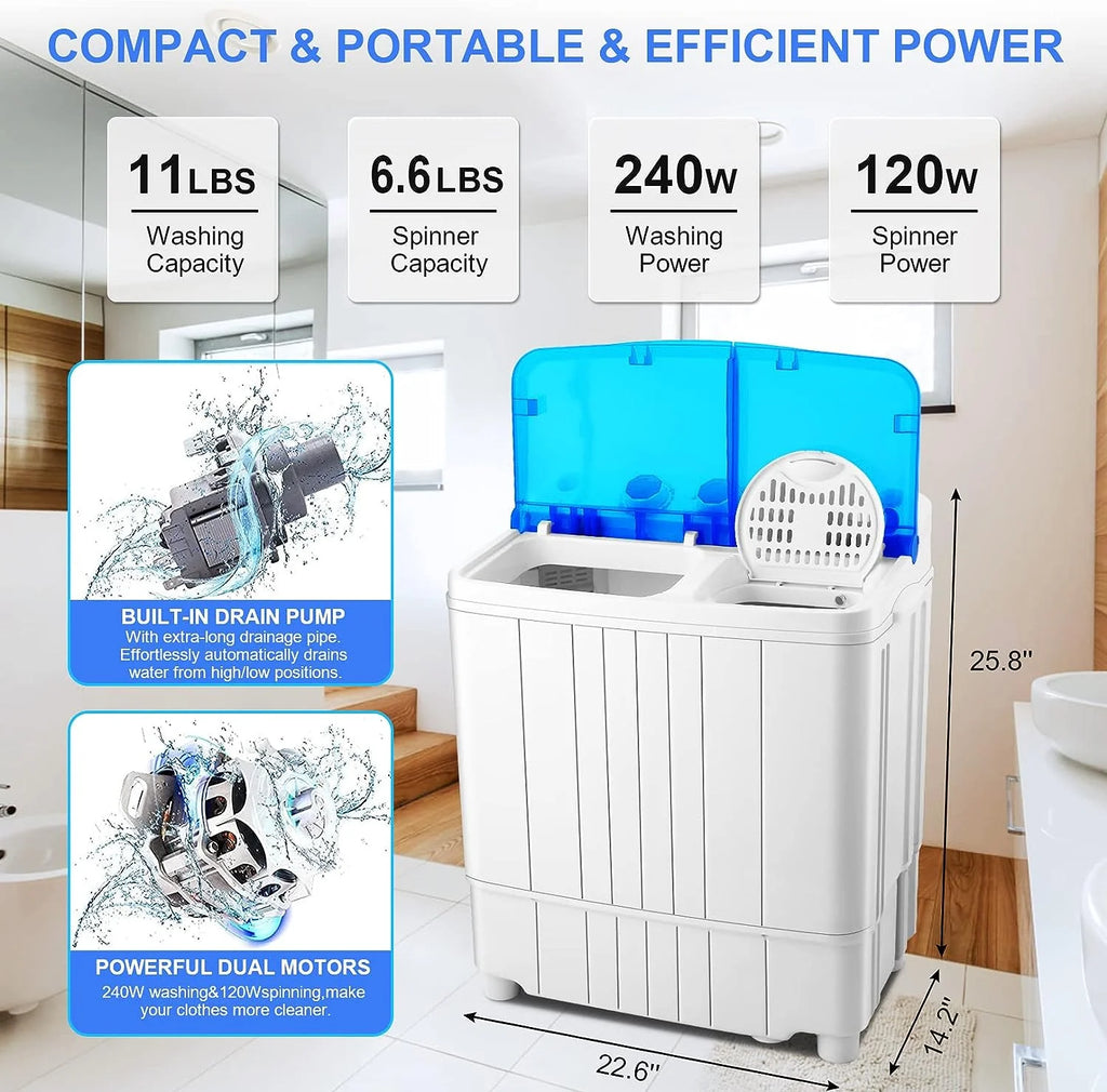 Mini Washing Machine, 11lbs Washer & 6.6lbs Spin Dryer Combo, Compact Washer Machine with Drain Pump E9561