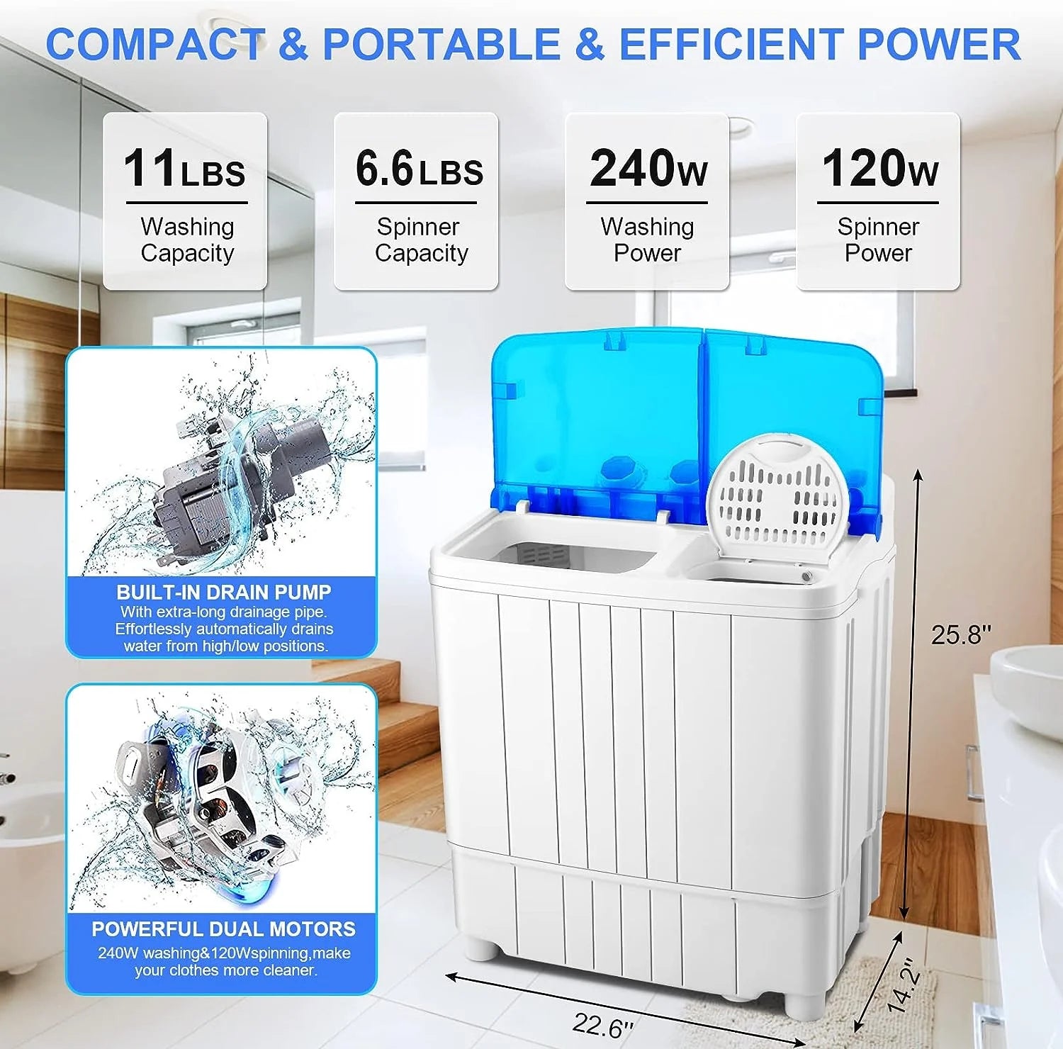 Mini Washing Machine, 11lbs Washer & 6.6lbs Spin Dryer Combo, Compact Washer Machine with Drain Pump E9561