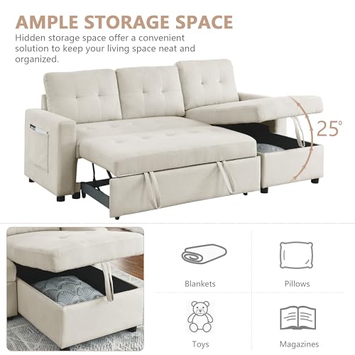 Light Gray Chenille Reversible Sleeper Sectional Sofa with Storage Chaise X115