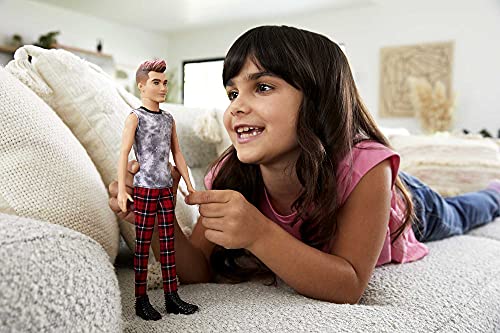 Barbie Ken Fashionistas Doll with Sculpted Brunette Ombre-Tipped Hair Wearing Sleeveless Tie-dye Shirt, Red Plaid Pants & Black Boots Z2146