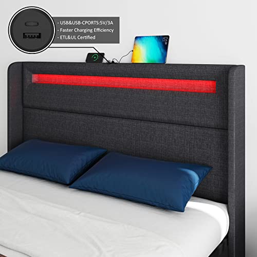 Queen LED Bed Frame with Wingback Headboard, Upholstered Platform Bed with 4 Storage Drawers & Charging Station, Dark Grey E190313