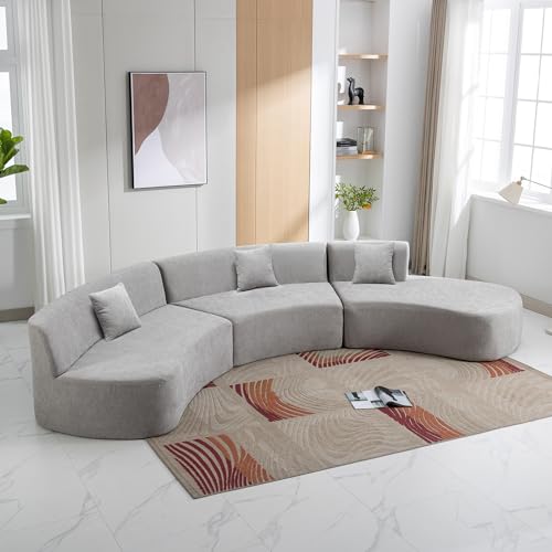 Grey Chenille Curved Sofa Sectional with Three Throw Pillows C11439