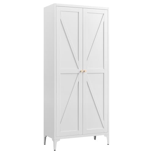 White Metal Tall Kitchen Pantry Cabinet with Doors and Adjustable Shelves V5515