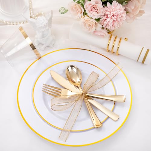 150 PCS Gold Plastic Plates Disposable Dinnerware Set with Cups G56909